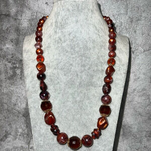 N16. VINTAGE CORA‎ SIGNED LUCITE BEADED NECKLACE, GOLD TONE, BROWN BEADS